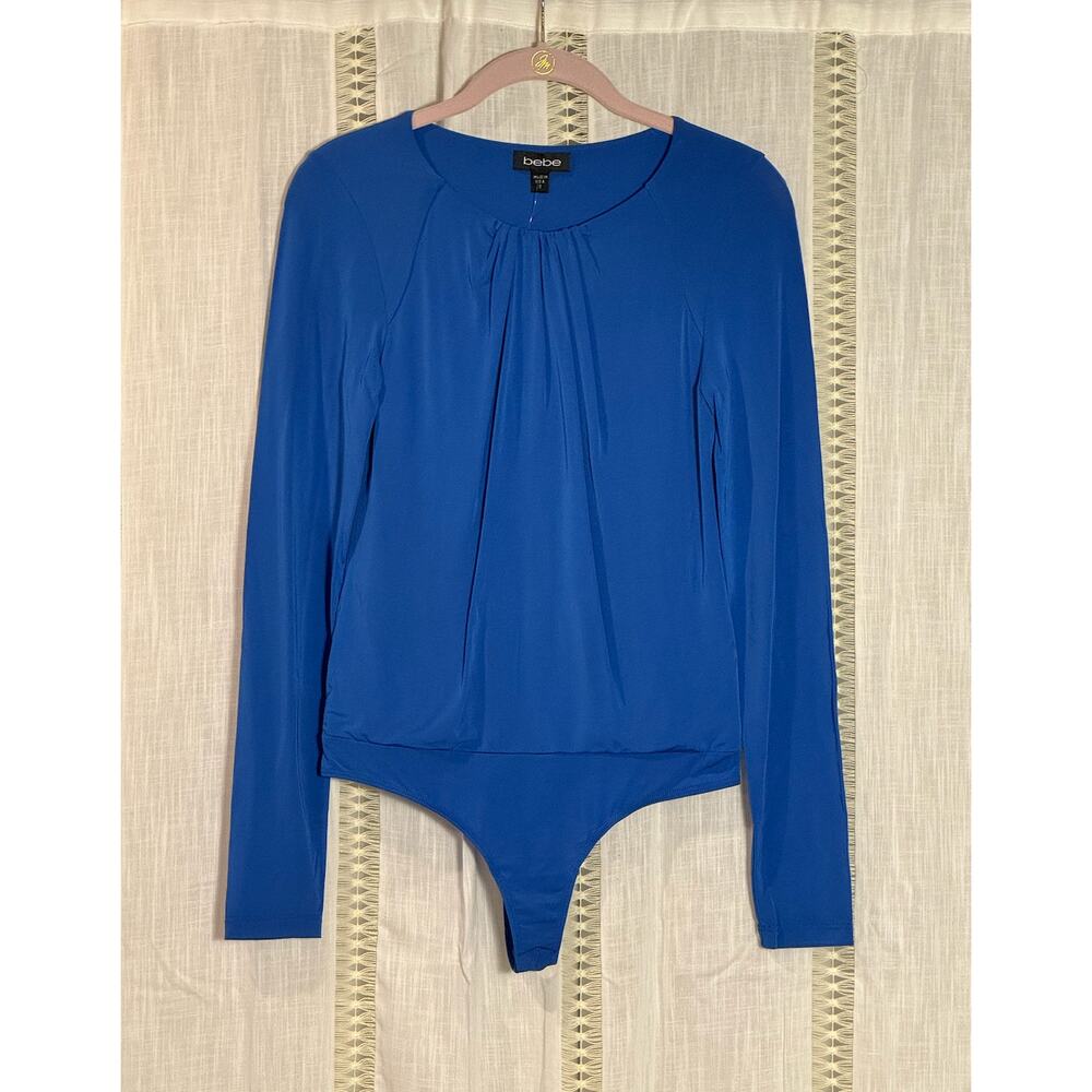 NWT New Bebe Y2K 2000s Blue Long Sleeved Pleated‎ Fitted Bodysuit Small